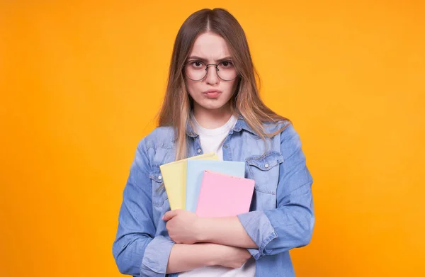 Sad Cute Student Multi Colored Blank Hands Glasses Jeans Jacket — Stock Photo, Image