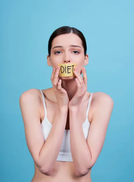 Young Sad Emaciated Woman White Top Taped Mouth Word Diet — Stock Photo, Image