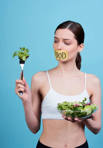Vertical Shot Pretty Young Athletic Girl Taped Mouth Word Food — Stock Photo, Image