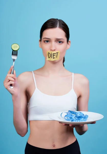 Hungry Sad Young Girl White Top Holds Her Hand Fork — Stock Photo, Image
