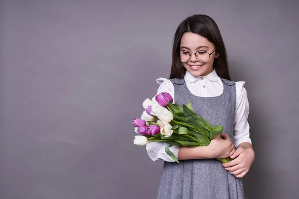 Young Cute Emotional Child Glasses Holding Multi Colored Tulips Her — Stock Photo, Image