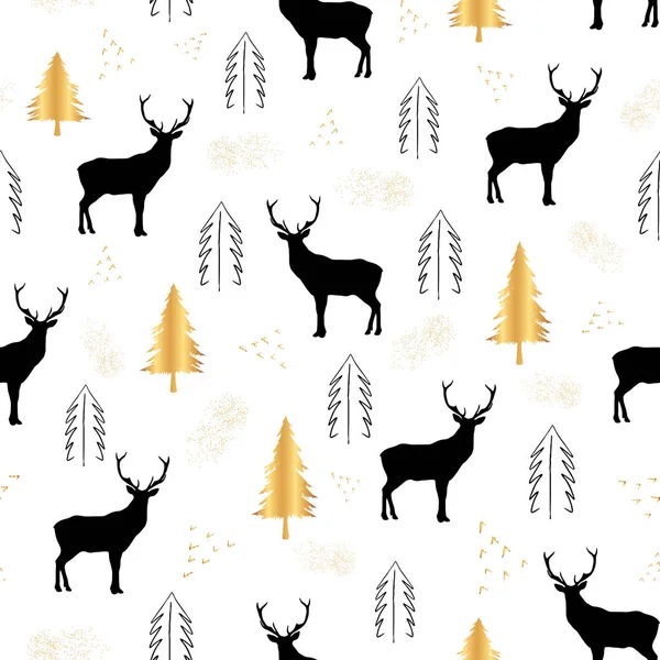白い背景に黒い鹿 クリスマスツリーと黄金の点 テキスタイルデザイン または紙プロジェクトのためのシームレスな繰り返しクリスマスパターン ベクターイラスト ロイヤリティフリーのストックイラスト