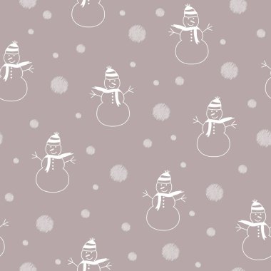 Bej renkli, kahverengi arka planda mutlu beyaz kardan adam. Noel, kışın kusursuz tekrarlama kalıbı. Noel ambalajı, geçmiş ya da tekstil tasarımları için mükemmel. Vektör illüstrasyonu.