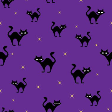 Kara kediler ve yıldızlar cadılar bayramı mor vektörü kusursuz deseni tekrarlıyorlar. Ekim Tatili Bölüm 10.