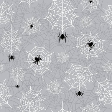 Asılan örümcek ve örümcek ağı cadılar bayramı kusursuz deseni. Ekim tatilleri için ürkütücü arka plan tekrarı. Vektör illüstrasyonu Eps10.