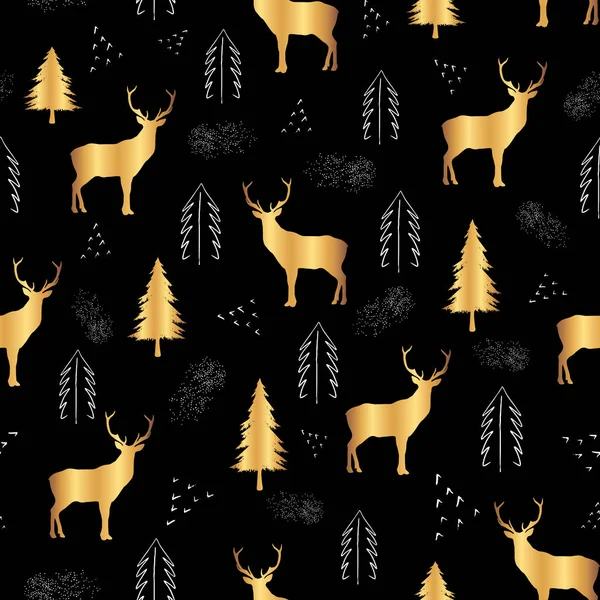 Niedlichen Goldenen Hirsch Feuerbäume Und Weiße Punkte Auf Schwarzem Hintergrund — Stockvektor