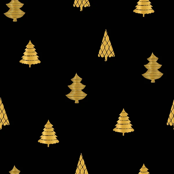 Goldene Weihnachtsbäume Auf Schwarzem Hintergrund Nahtlose Wiederholung Perfekt Für Packpapier — Stockvektor