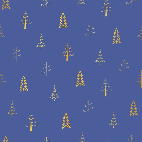 Goldene Weihnachtsbäume Auf Blauem Hintergrund Vektor Nahtlos Muster Wiederholen Weihnachtsmuster — Stockvektor