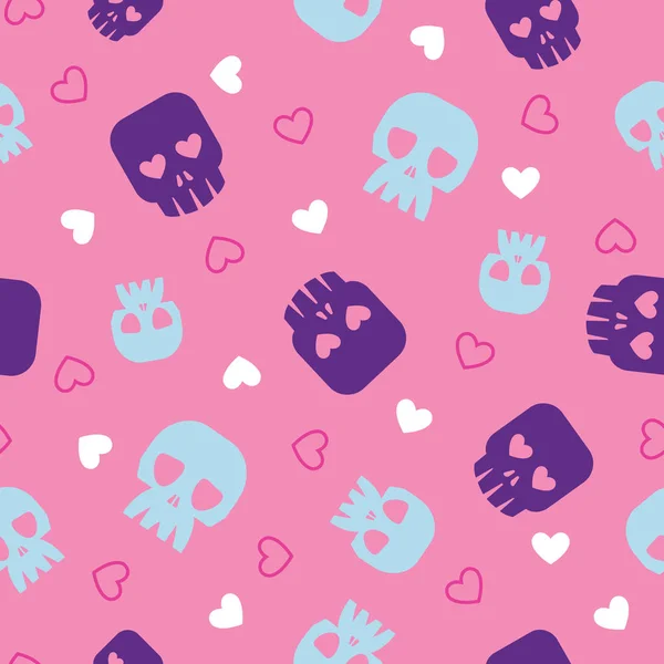 在图案之间的无缝光环 人类的骨骼 不同的骷髅 糖骷髅 死亡的头和心脏在粉红的背景 病媒第10集 — 图库矢量图片