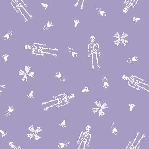 Kusursuz desen. Lila arka planında insan beyaz iskeletleri ve geleneksel çiçekler. Mutlu Cadılar Bayramı desenleri. Şeker kafalar. Arka plan, duvar kağıdı. Vektör illüstrasyonu.
