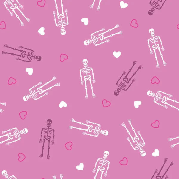 无缝图案 人的骨骼和心脏的粉红色背景 万圣节快乐模式 糖骷髅 病媒第10集 — 图库矢量图片
