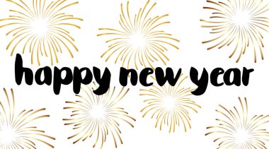 El yapımı fırça kalem harfleri. Küçük harflerle ve havai fişeklerle mutlu yıllar. Tatil tebrik kartları, davetiyeler ve özgeçmişleri için tasarım. Mevsimlik tatiller için mükemmel. Vektör illüstrasyonu.