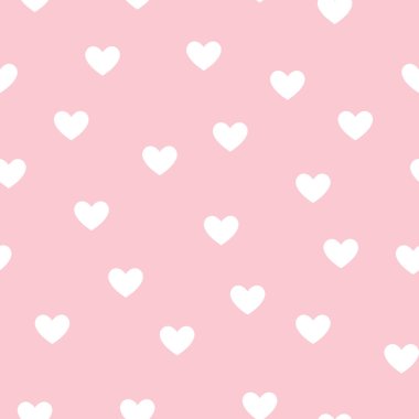 Pembe arka planda sevimli beyaz kalpler. Kusursuz tekrarlama şablonu, sevgililer günü davetiyesi, kartlar ve duvar kağıdı, broşür ya da düğün tasarımları için mükemmel. Vektör illüstrasyonu.