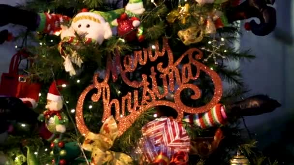 装饰树木户外装饰灯饰的圣诞快乐标志 — 图库视频影像
