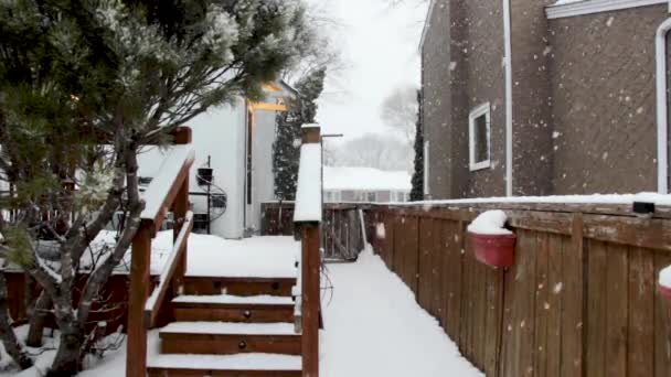 Snow Storm Suburban Backyard Con Luce Portico — Video Stock