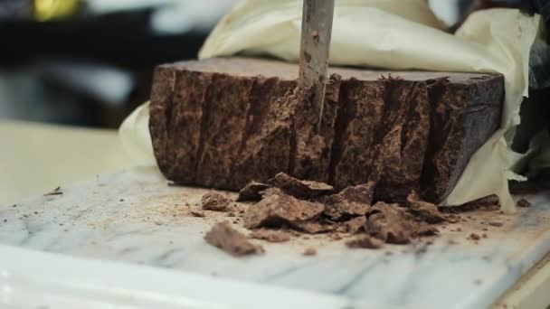 Close Cutting Block Chocolate Slow Motion Royalty Free Stock Footage