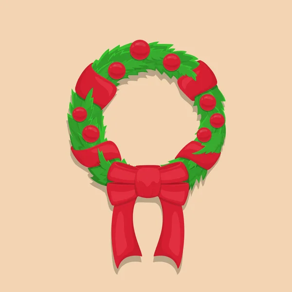 Grinalda de Natal de ramos de árvore de Natal com fitas vermelhas, arco e bolas de Natal. Ilustração vetorial plana — Vetor de Stock