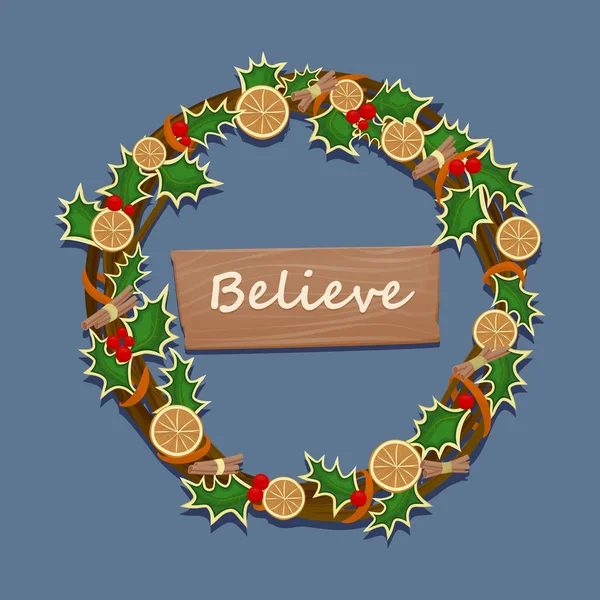 Weihnachtsschmuckkranz mit Zitrusfrüchten, Zimt, Schleifen, Stechpalme, Beeren auf einem Zweig. Vektorillustration. — Stockvektor