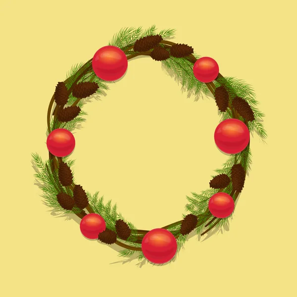 Decoración decorativa, corona de Navidad al nuevo año con ramas de árbol de Navidad, conos, bolas rojas. Ilustración vectorial — Vector de stock