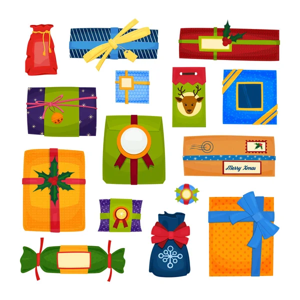 Ένα σύνολο από κιβώτια και τις συσκευασίες δώρων για τις γιορτές, Πρωτοχρονιά, Χριστούγεννα, ημέρα του Αγίου Βαλεντίνου, γενέθλια. Εικονογράφηση διάνυσμα. — Διανυσματικό Αρχείο