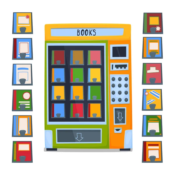 kitap satmak için otomat. Bir dizi kitaplar ve dergiler. Vektör çizim.