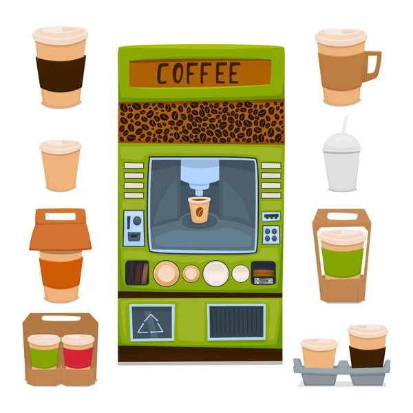 Verkaufsautomaten für heiße Kaffee-Getränke und Schokolade. Verpackungen für Kaffee zum Mitnehmen. Vektorillustration. — Stockvektor