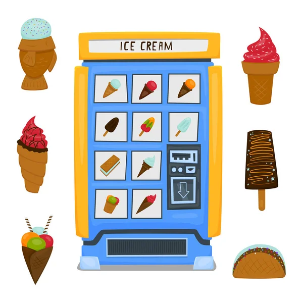 Una máquina expendedora de helados y frutas. Un juego de helados sobre un fondo blanco. Ilustración vectorial . — Archivo Imágenes Vectoriales