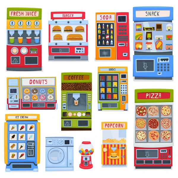 Otomatlardan yiyecek, içecek ve Hizmetleri satışı için kümesi. Vektör çizim.