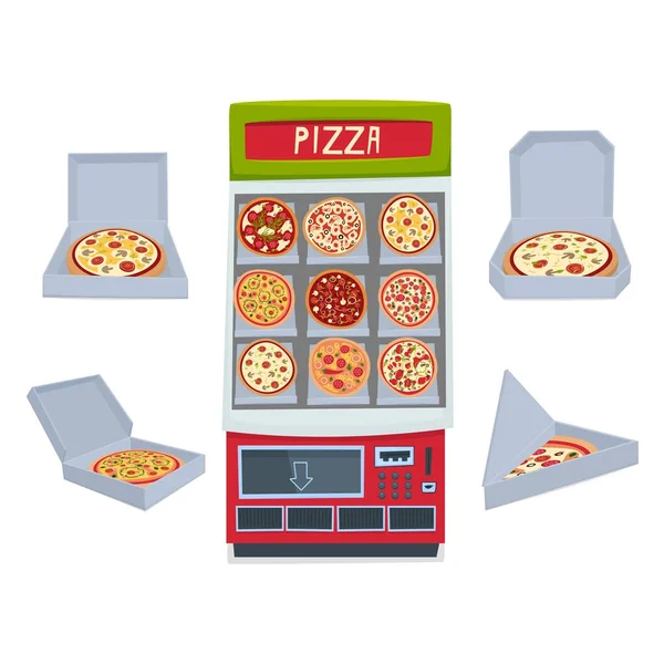 Vending machine for selling pizza. A set of boxes for packing pizza. Vector illustration. — Stock Vector