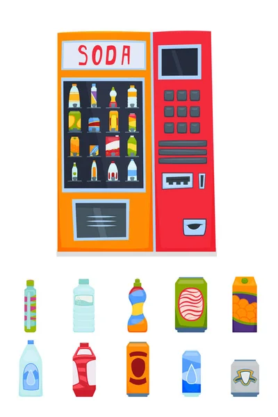 Máquina de venda automática de bebidas. Um conjunto de garrafas, latas, pacotes de bebidas e sucos. Ilustração vetorial —  Vetores de Stock