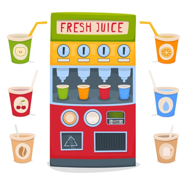 Un distributore automatico per la vendita di succhi di frutta fresca, acqua, tè e caffè da asporto. Un set di tazze con bevande. Illustrazione vettoriale Vettoriali Stock Royalty Free