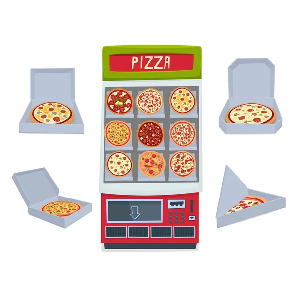 Automat do sprzedaży pizzy. Zestaw pól do pakowania pizzy. Ilustracja wektorowa. — Wektor stockowy
