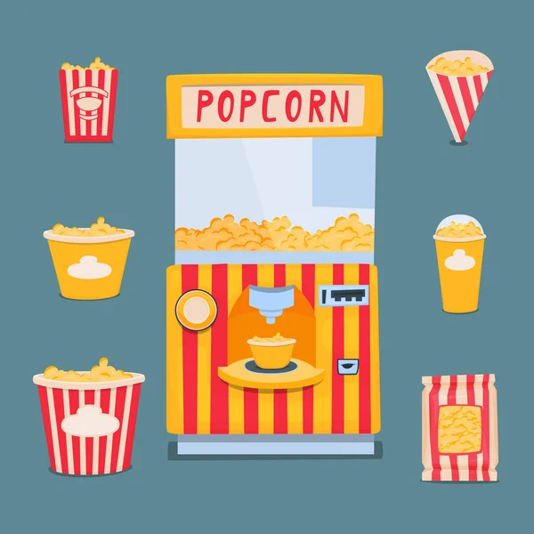 Automat do produkcji i sprzedaży popcornu. Zestaw pól dla popkornu opakowania. Ilustracja wektorowa. — Wektor stockowy