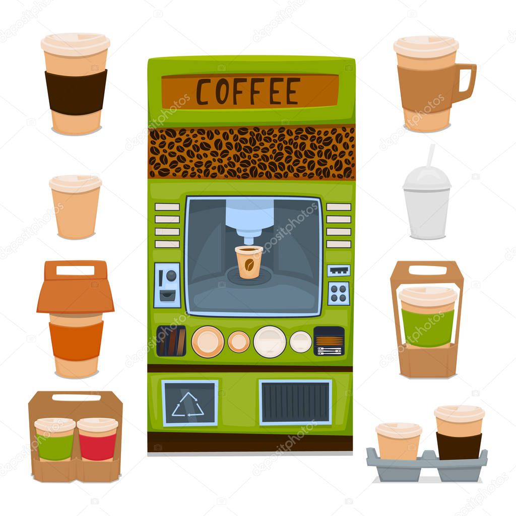 vending machine for the sale of hot coffee drinks and chocolate. Packaging for take-away coffee. Vector illustration.