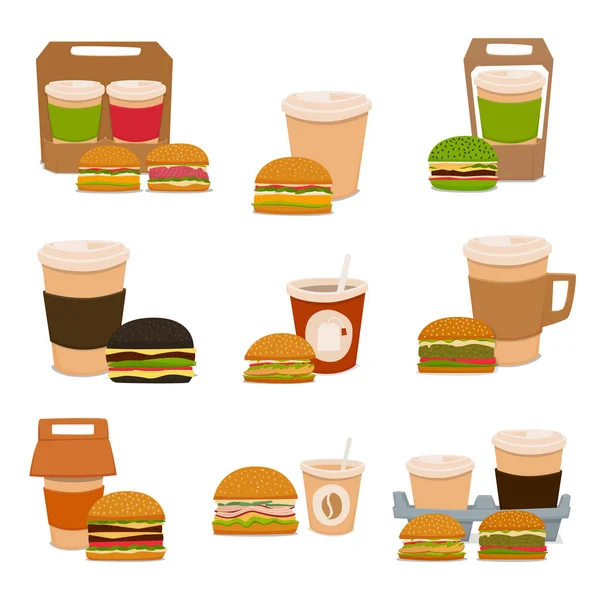 A set of tasty burgers and coffee drinks to takeaway. Vector illustration. — Stock Vector