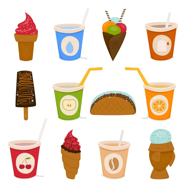 Un juego de helados y bebidas. Dibujos animados vectoriales ilustración — Archivo Imágenes Vectoriales