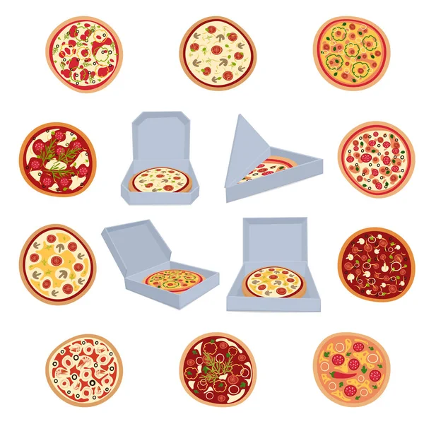 Un set di scatole aperte con pizza. Un set di pizze. Illustrazione vettoriale . Illustrazione Stock