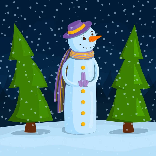 Um boneco de neve à noite entre as árvores de Natal. Ilustração do vetor de inverno . —  Vetores de Stock
