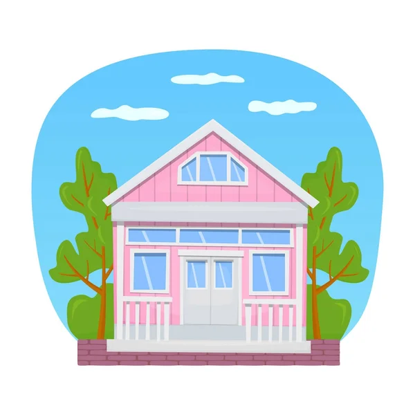 Różowy domek, malowane drewniane fasady. Ilustracja wektorowa. Wektory Stockowe bez tantiem