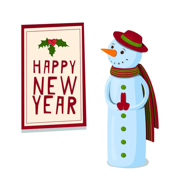 Un simpatico pupazzo di neve guarda il poster di Capodanno. Illustrazione vettoriale Vettoriali Stock Royalty Free