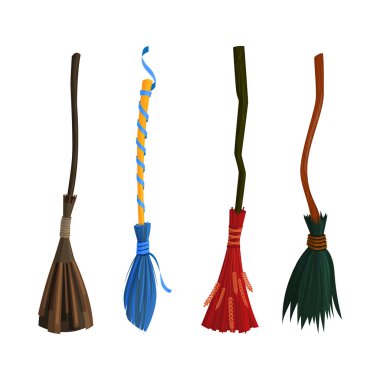 Traditional witch symbol, set of flying broom on white background, magic object for a party for Halloween. Wooden brooms with various twigs and ornaments. Vector illustration. clipart