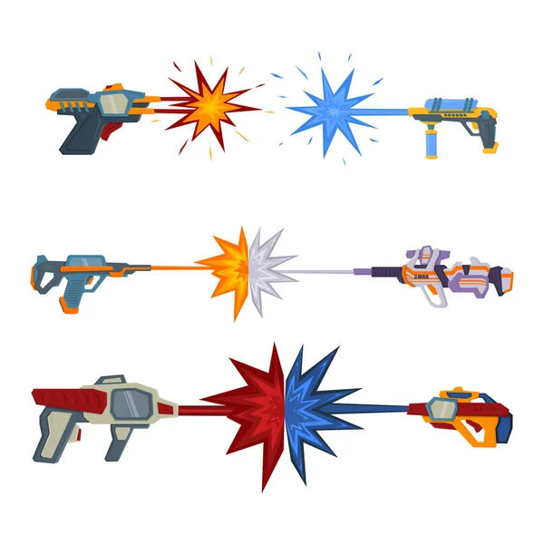 Uzay silah ateş. Atış lazer. Patlama, iki fütüristik silah muhalefet. Vektör çizim karikatür tarzı.