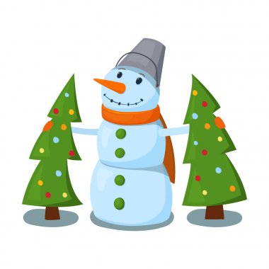 İki Noel ağaçları ile kardan adam. Vektör çizim.