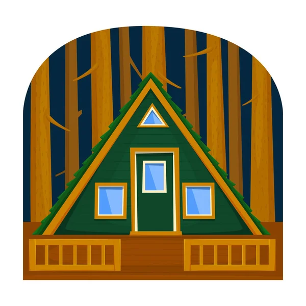 Una casa triangolare foresta tra gli alberi con terrazza. Illustrazione vettoriale . — Vettoriale Stock