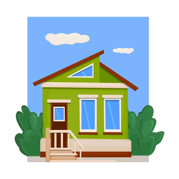 Een houten plank huis met een groene gevel en een veranda. Vectorillustratie — Stockvector