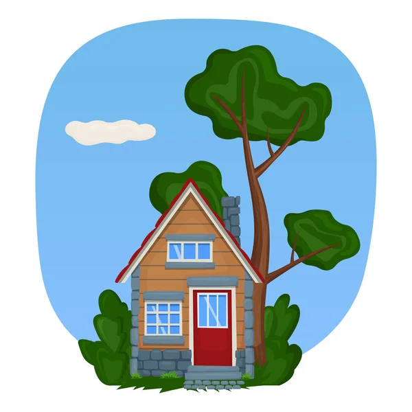 Una piccola casa in legno con finiture in pietra. Illustrazione vettoriale . — Vettoriale Stock