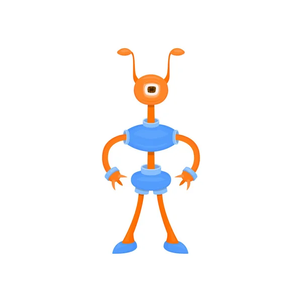 Lindo cyborg alienígena con cuernos y un ojo. Ilustración de dibujos animados vectoriales para fiestas y celebraciones infantiles . — Archivo Imágenes Vectoriales