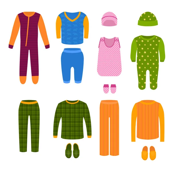 Μια σειρά από παιδικά ρούχα και πιτζάμες για σπίτι, ύπνος και κόμματα. Εικονογράφηση διάνυσμα — Διανυσματικό Αρχείο