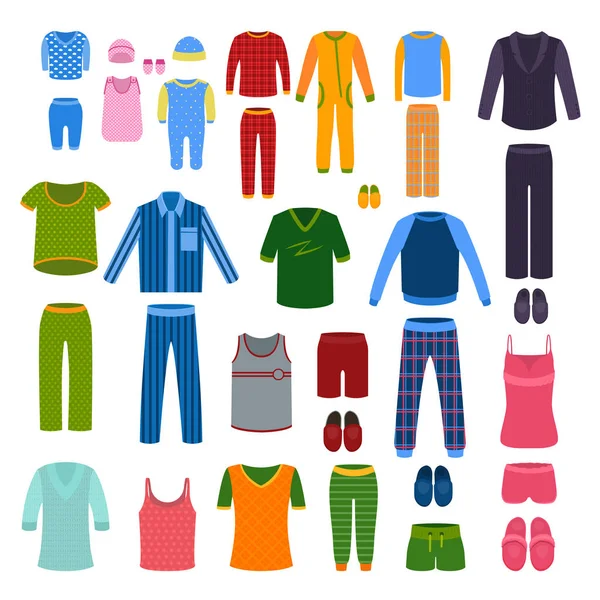 Pijama, gecelik, gömlek, erkek, kadınlar, çocuklar, bebekler için terlik kümesi. Vektör çizim.