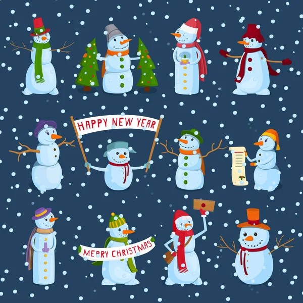 Set of holiday snowman on a winter background. Snowmen in different hats and scarves with posters and New Years attributes. Vector illustration. — Stock Vector